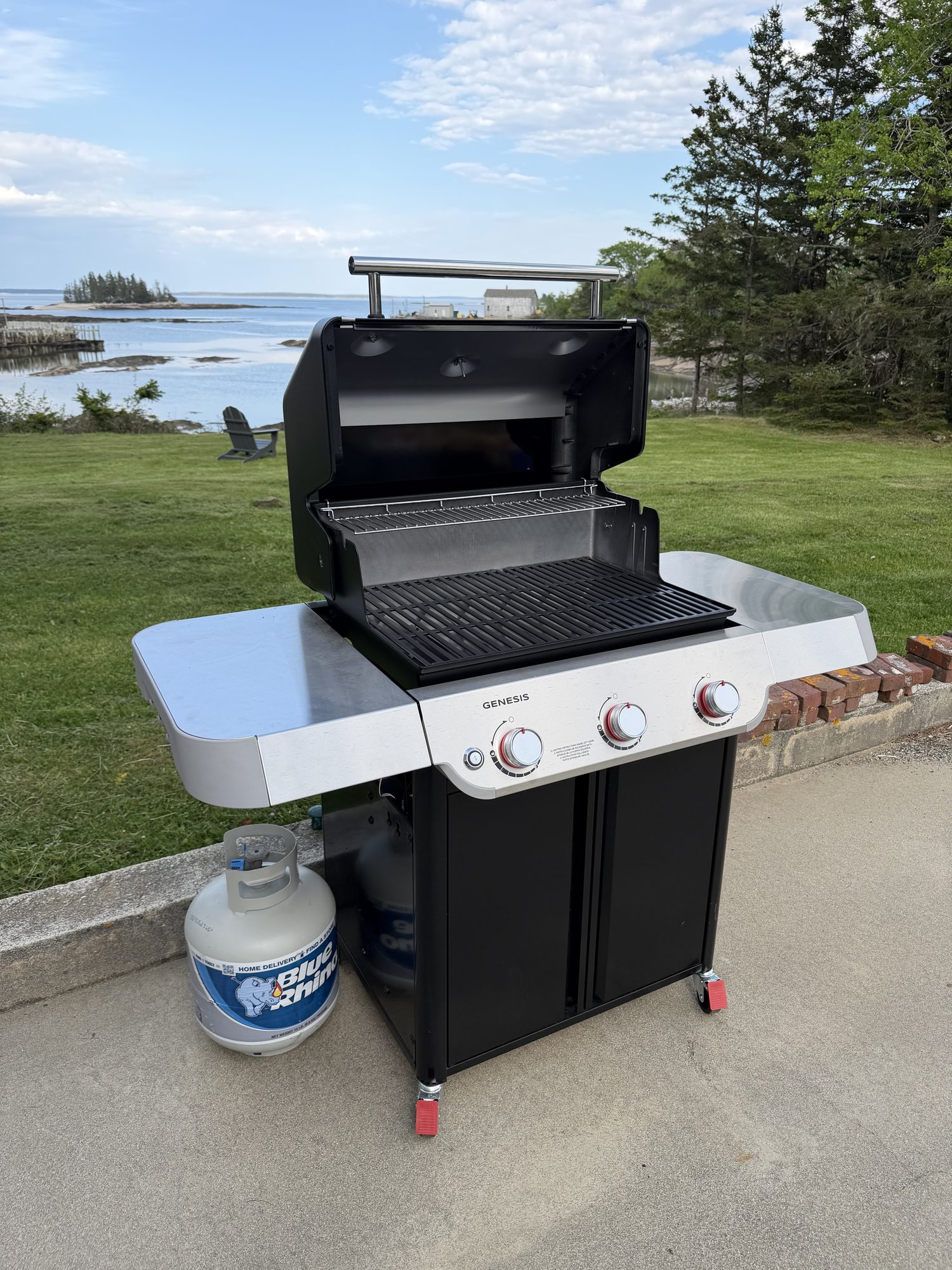 Propane Weber grill with water view at Ledge & Tide