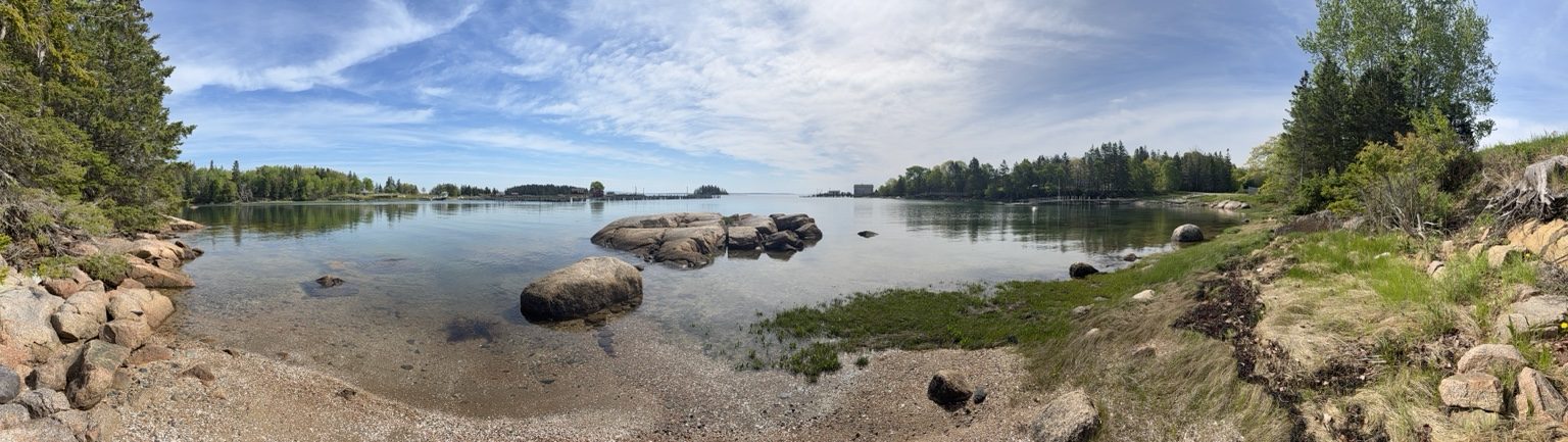 Panoramic high tide shoreline view at Ledge & Tide