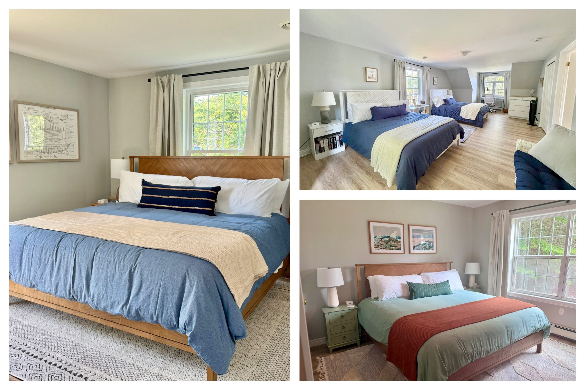 Collage showing the three bedrooms at Ledge & Tide